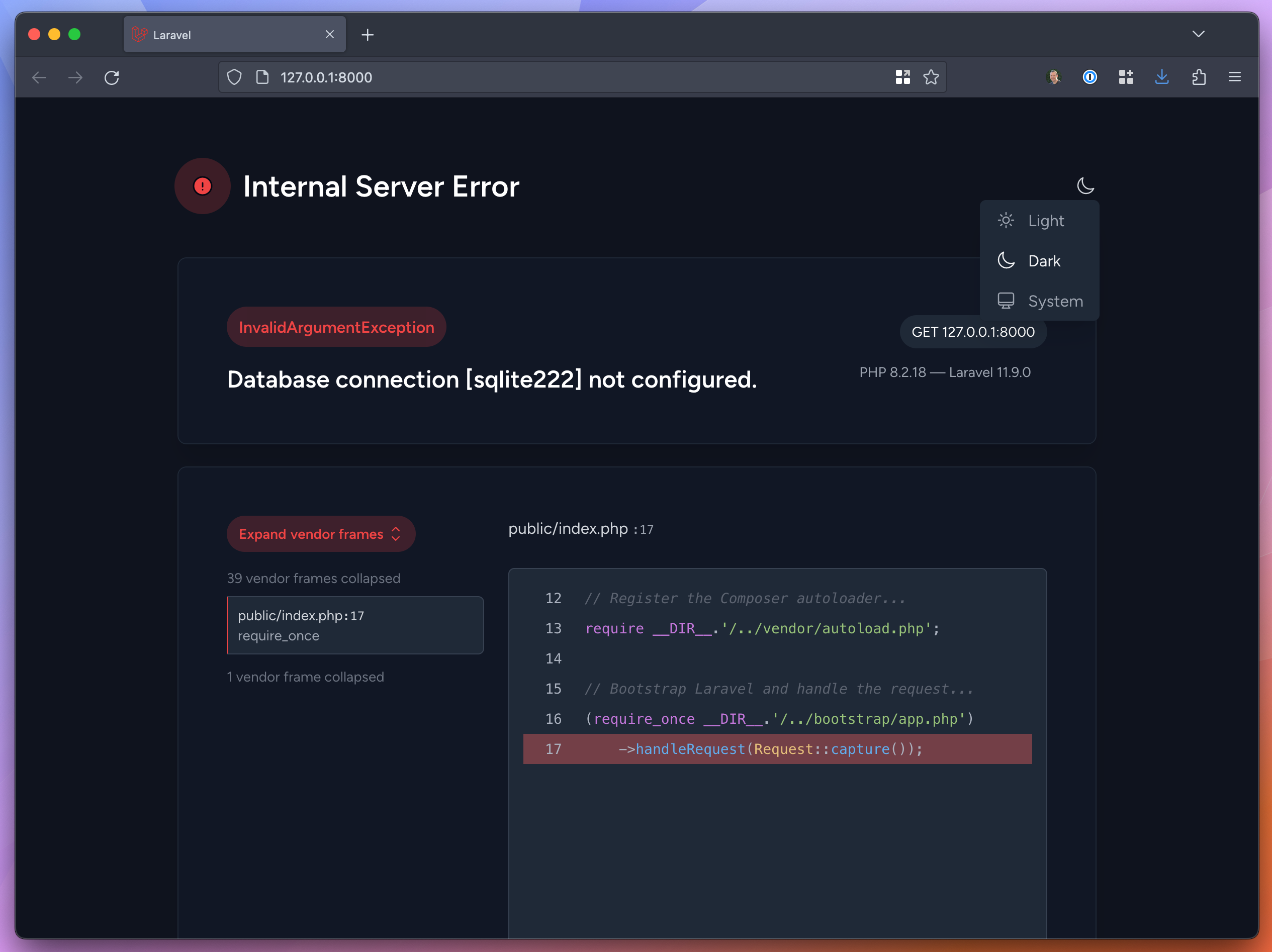 New default exception page in Laravel 11.9 (dark mode)