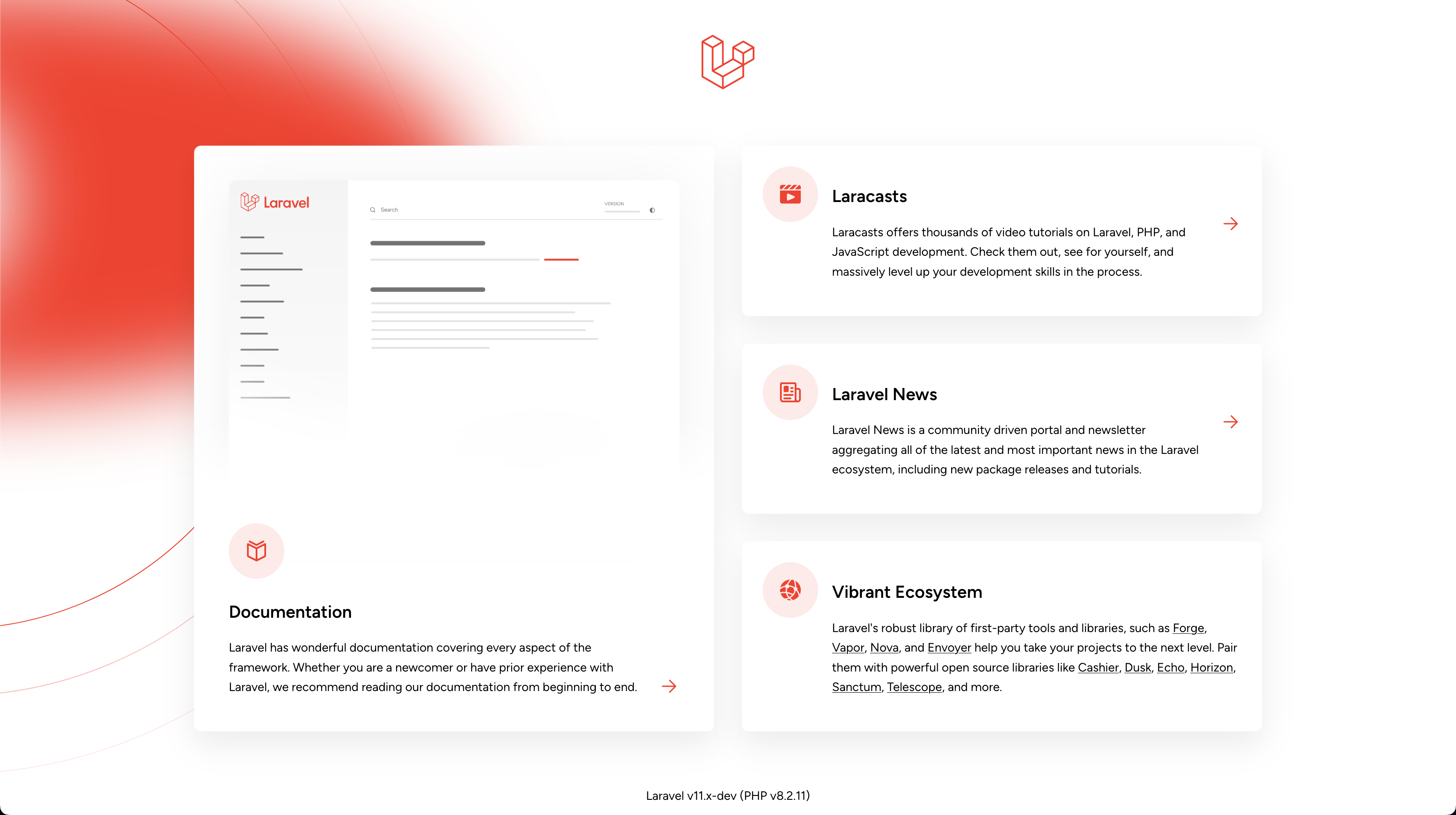 Laravel 11 welcome page (light mode)