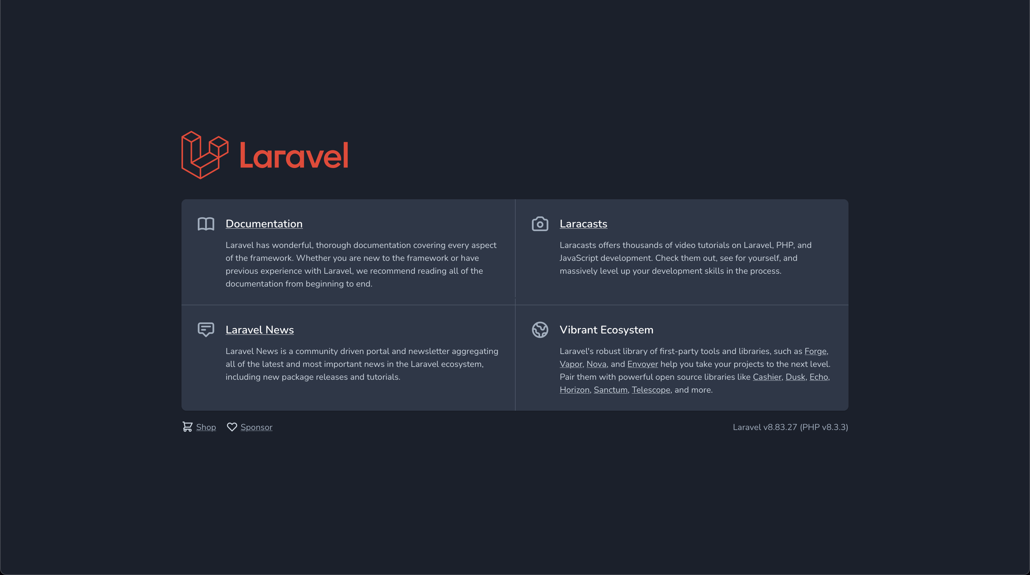 Laravel 8 dark mode featuring updated Laravel branding