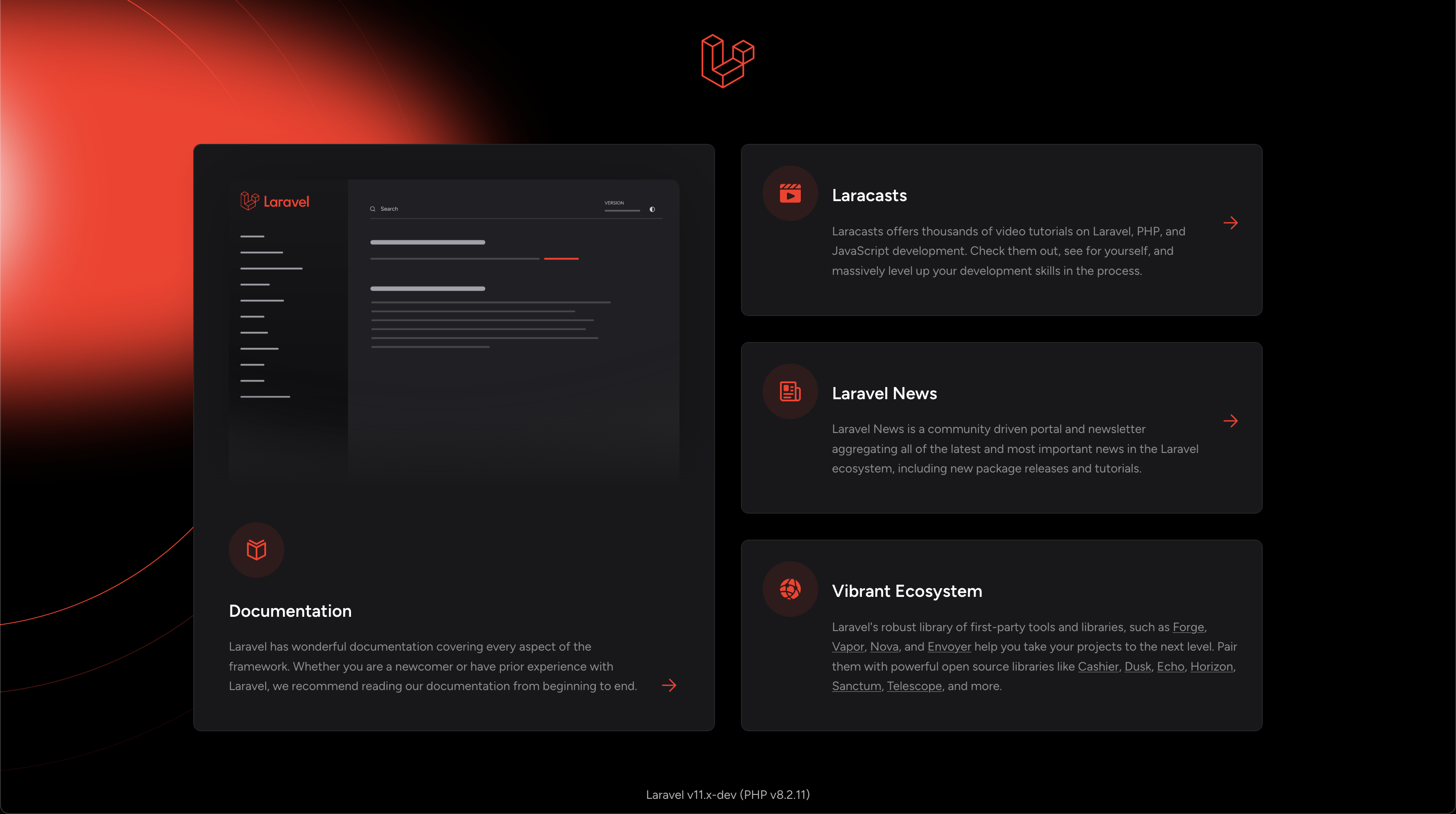 Laravel 11 welcome page (dark mode)