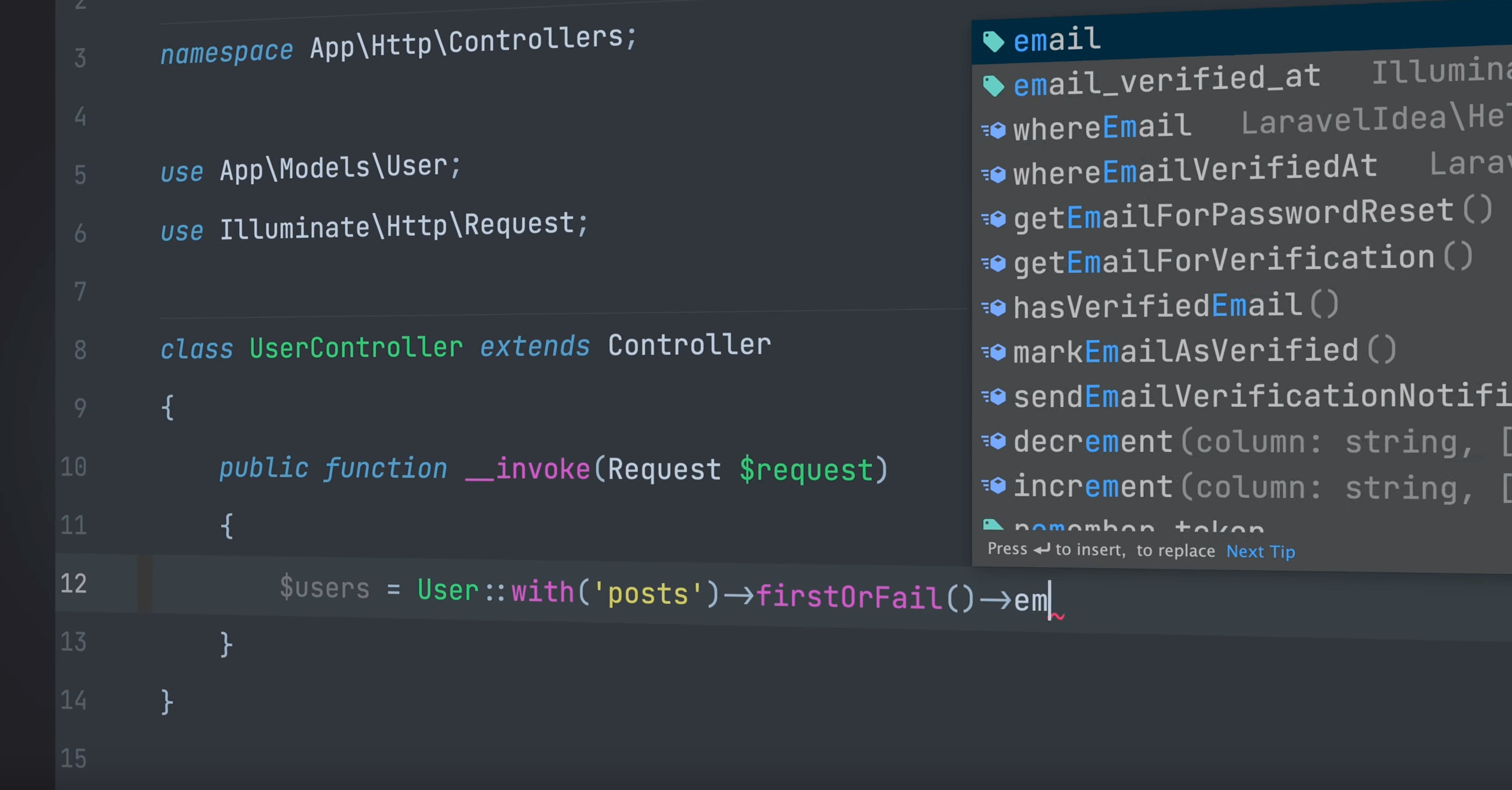 Eloquent autocomplete in action using the Laravel Idea plugin