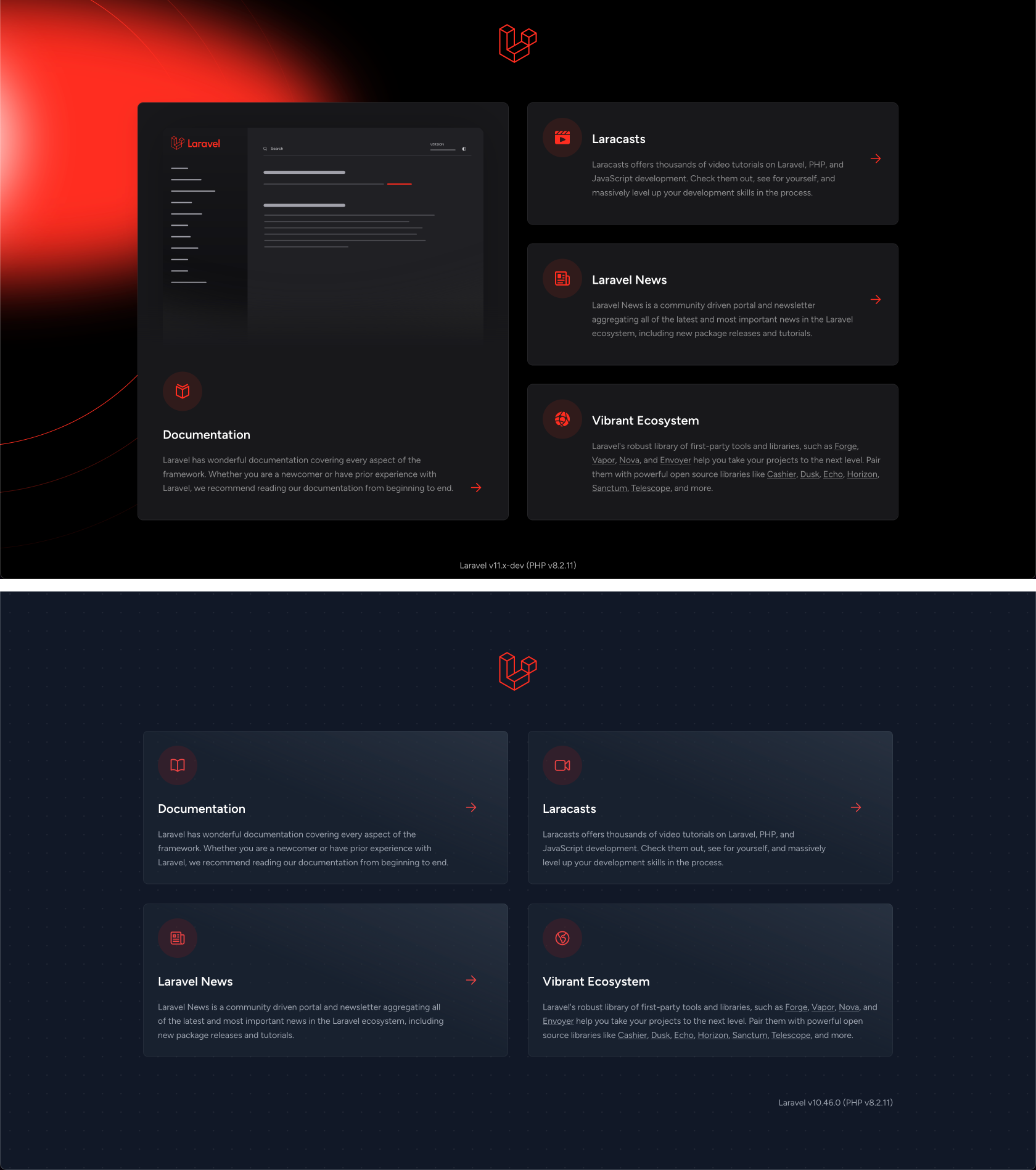 Comparing Laravel 11 (top) to Laravel 10 (bottom)